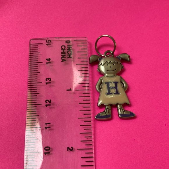 Pewter and pink painted pigtailed girl H pendant for necklace or keychain EUC - Picture 3 of 3